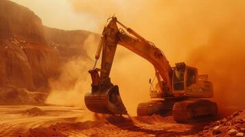 A large excavator digs into the earth at a construction site surrounded by rocky hills, enveloped in a thick cloud of dust as the sun sets in the background. photo