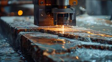 A laser cutting machine operates efficiently in a workshop, cutting through metal with precision. Sparks fly as the equipment creates intricate designs, showcasing modern craftsmanship. photo