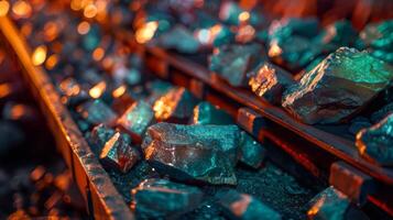 Broken pieces of coal rest along an old mine track, illuminated by soft glow creating an atmospheric setting within the dark environment of the mine photo