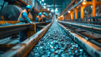 Skilled workers are actively sorting metallic materials on a bright conveyor belt in a bustling industrial facility, highlighting teamwork and efficiency under artificial lighting. photo