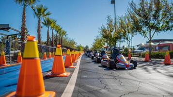 A lively group of children races go karts on a sunny day, navigating a winding track surrounded by palm trees and brightly colored safety cones. photo