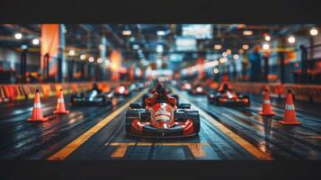 Enthusiastic racers compete in vibrant go karts at a bustling indoor track, surrounded by safety cones and bright lights in a lively afternoon atmosphere. photo