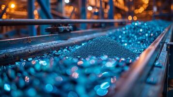 Granules of metallic material are scattered along conveyor belts in a manufacturing facility. The scene is illuminated by warm lights, showcasing the intricate details of the processing area. photo