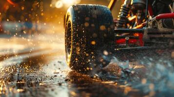 A racing kart accelerates through puddles, sending water splashing into the air against a backdrop of a vibrant sunset. The moment captures excitement and movement. photo