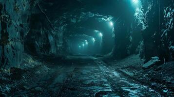 A mine tunnel is illuminated by blue lights, creating a mystical atmosphere. The wet ground reflects the light, enhancing the mysterious ambiance of the underground setting at night. photo