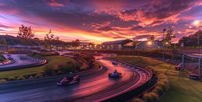 Go kart enthusiasts maneuver through sharp curves on an illuminated track as the sky bursts with color at sunset, creating a dynamic and exciting atmosphere for the racers. photo