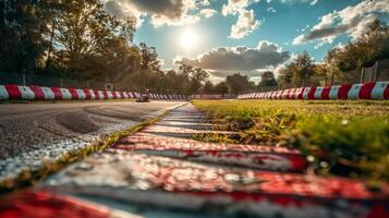 A go kart speeds around a winding outdoor track framed by colorful curbs under a clear blue sky with fluffy clouds, surrounded by trees glowing in the afternoon light. photo