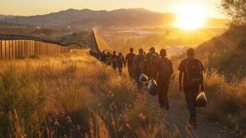 Groups of individuals walk towards the horizon along a border area, carrying bags and personal items as the sun sets, symbolizing hope and aspiration for a better future. photo