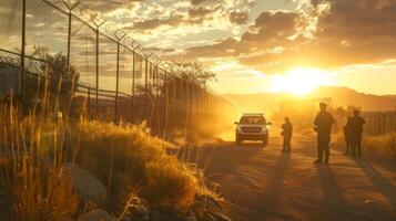 Border patrol officers are stationed near a fence at sunset, with a police vehicle illuminating the area while silhouetted figures stand amid tall grasses. photo