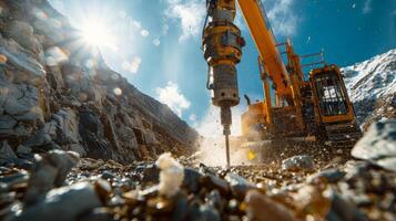 A large drilling machine works vigorously on a rocky surface, sending dust and debris flying into the air while sunlight glints off nearby mineral deposits, highlighting mountain excavation. photo