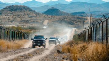 Multiple law enforcement vehicles travel along a dirt road beside a border fence in a remote desert landscape, with distant mountains and a clear blue sky overhead. photo
