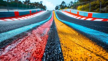 Vividly marked racing track surface showcases bright colors and smooth curves under a sunny sky, inviting thrilling motorsport activities and competitions. photo