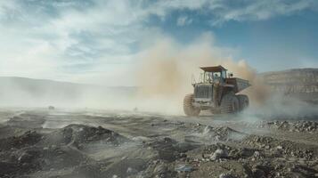 A large construction vehicle moves through dusty terrain at a mining site in the afternoon. Dust clouds swirl around as it continues its work in the rugged landscape. photo