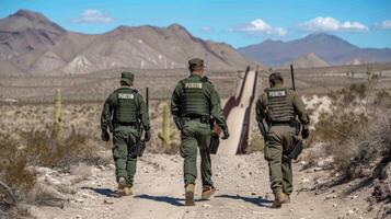 In a remote desert area, three border patrol agents dressed in green uniforms traverse a dusty path. photo