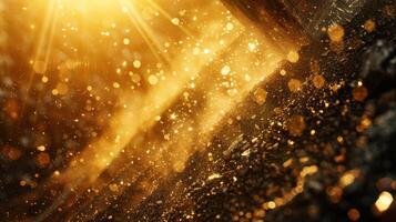 Sunlight cascades through the branches, creating a warm, golden glow that highlights dust particles drifting through the air, capturing a serene moment in the forest. photo