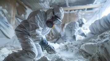 Two individuals in protective clothing are digging through a pile of white material inside a construction area, focusing on their task in a dust filled environment. photo