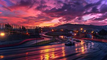 A vibrant sunset casts brilliant colors over a racetrack as cars race on wet pavement. The atmosphere is electric, showcasing excitement and energy in a thrilling sporting event. photo