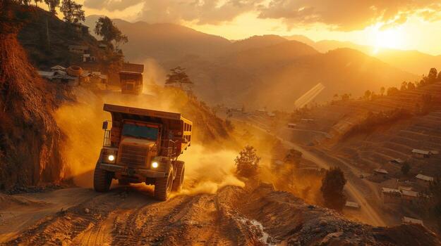 Workers operate large mining trucks on a steep mountain road as the sun sets in the background. Dust clouds rise, illustrating the intensity of the extraction process in a natural setting. photo