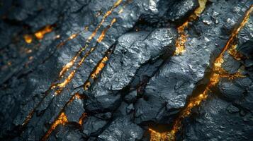 Volcanic rock displays intricate patterns with glowing lava coursing through its cracks. The landscape reveals the raw power and beauty of nature in an active eruption zone. photo