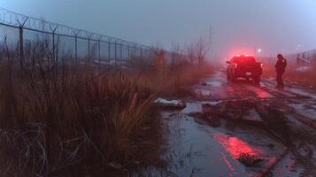 An emergency response team assesses a wet and foggy location, illuminated by red lights from a vehicle parked nearby. The area is surrounded by a chain link fence and overgrown vegetation. photo