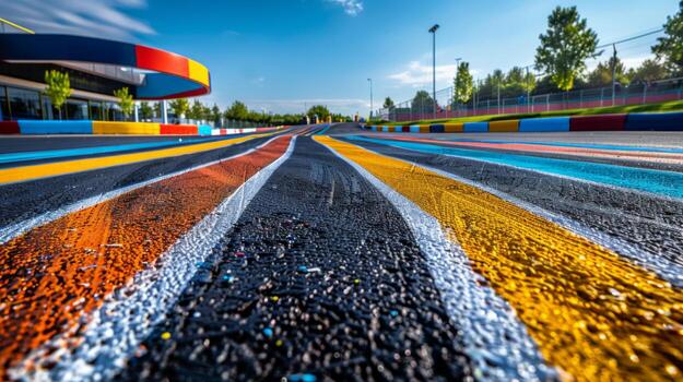 A beautifully designed racing track features a mix of bright colors and geometric patterns. It reflects sunlight, creating a captivating view of the smooth surface during late afternoon. photo