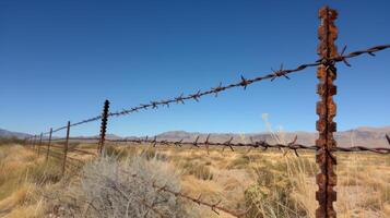 A weathered barbed wire fence runs along a vast, arid landscape, surrounded by dry grass and distant mountains under a bright, cloudless sky. photo