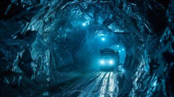 Heavy machinery moves through a vast underground mine illuminated by bright lights, revealing intricate rock formations and creating a dramatic atmosphere in a remote location. photo
