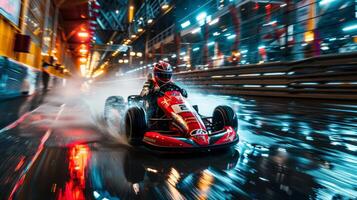 A go kart races through a brightly lit indoor circuit at night, creating splashes of water and colorful reflections on the wet surface as it speeds by, showcasing action and excitement. photo