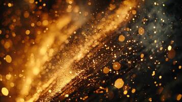 Golden particles swirl and dance in a dark environment, generating a mesmerizing effect that highlights the beauty of light against shadow, creating a captivating visual experience. photo