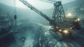 Heavy machinery operates in a coal mine under low visibility conditions. The excavator moves earth while a dump truck waits nearby, showcasing industrial work in a challenging environment. photo