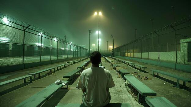 A solitary person sits on a bench in a deserted stadium, shrouded in fog, with dim lights casting an eerie glow over the empty space at night. photo