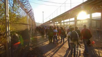 Groups of people are walking along a fenced pathway at the border during sunset, with warm golden sunlight casting long shadows and creating a hopeful atmosphere as they move forward. photo