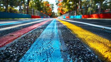 A close view of a racing track showcases vivid stripes in blue, yellow, and red alongside a backdrop of vibrant autumn foliage, enhancing the atmosphere of speed and excitement. photo