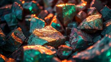 Luminous and colorful rocks are scattered across the ground, reflecting light and displaying an array of hues in a natural outdoor setting. The unique textures enhance their beauty. photo