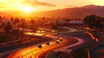 Go karts navigate the twisting track at sunset, with a beautiful sky casting warm colors over the landscape and palm trees lining the circuit. photo