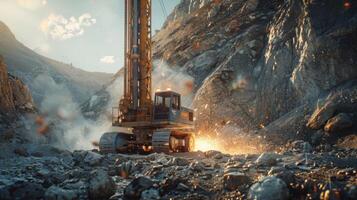 A powerful drilling machine is engaged in excavation work on a rugged mountainside under a clear sky, sending rocks flying and producing bright sparks in the afternoon sun. photo