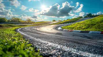 A winding racetrack snakes through a bright landscape, showcasing black asphalt glistening in sunlight, surrounded by green grass and scattered clouds overhead in the afternoon. photo