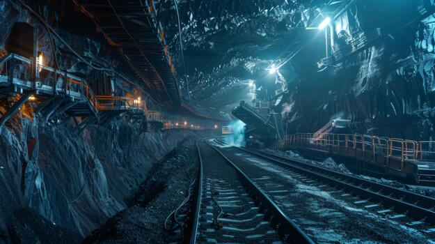 Underground mining site features illuminated tracks and heavy machinery, showcasing a network of tunnels with rough rock formations and a dimly lit environment at night. photo