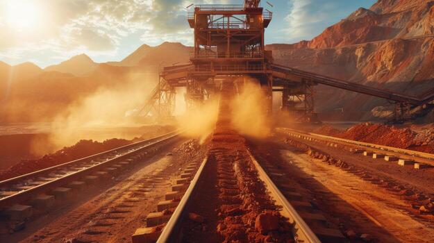 Heavy machinery operates in a mining site as clouds of dust rise into the air, illuminated by the warm glow of sunset over the mountain backdrop and railway tracks. photo