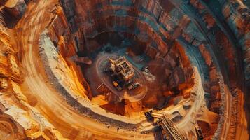 An expansive open pit mine reveals layers of earth as heavy machinery operates in the center, surrounded by steep, orange hued cliffs. photo