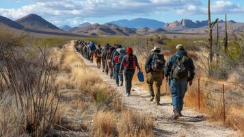 A diverse group of hikers walks along a dirt path surrounded by desert vegetation, mountains in the background, and a mix of clouds above during the sunny afternoon. photo