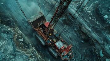 A large excavator works tirelessly in an open pit mining area, efficiently removing earth and rock while surrounded by steep walls and heavy machinery, emphasizing the scale of the operation. photo