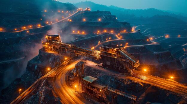 A mining operation is illuminated in the twilight, showcasing conveyor belts and machinery against a backdrop of rugged hills and a winding road, creating a captivating industrial landscape. photo