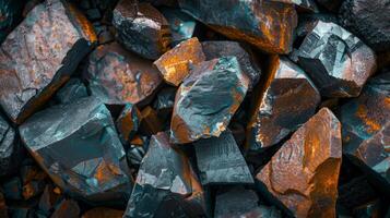 A close up view reveals a mixture of rough, uneven rocks with striking colors. The texture and composition highlight mineral diversity, creating an eye catching display of nature's artistry. photo