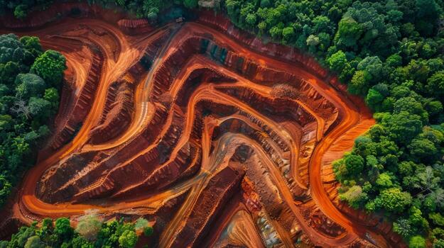 Aerial view captures the striking contrast between the vibrant red soil and dense greenery in a forested location, highlighting the impact of land clearing activities and mining operations. photo