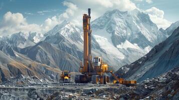 A large drilling rig stands prominently among rugged mountains, with another piece of machinery nearby, showcasing mining activity in a remote area under clear skies. photo