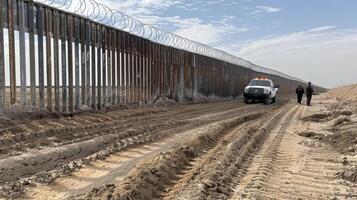 Border patrol personnel evaluate the terrain next to the border wall, with a white vehicle parked nearby on a muddy, uneven dirt path, indicating recent activity. photo