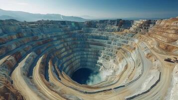 A vast open pit mine reveals its impressive layered structure under bright daylight, with machinery and equipment working in the expansive canyon carved into a mountain landscape. photo