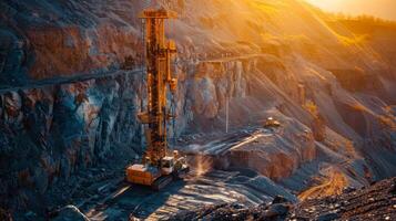 A large drilling machine works vigorously in a quarry at sunset, breaking through rocky terrain while another vehicle moves along the path, kicking up dust. photo