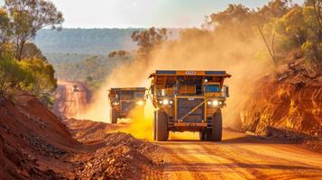 Dust clouds billow as massive mining trucks traverse a rugged dirt road in the outback during sunset, indicating a busy operational shift and the harsh working conditions. photo
